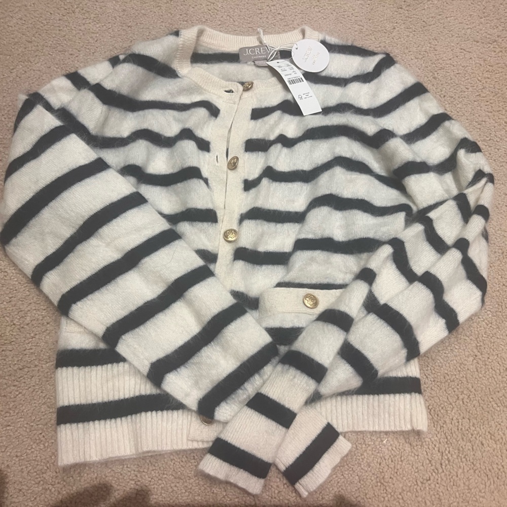 J. Crew Women's navy blu  and White Striped Cardigan brushed cashmere 100%